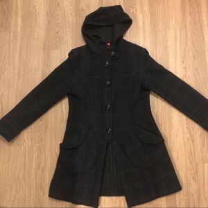 100% Laine Wool Hooded Plaid Coat